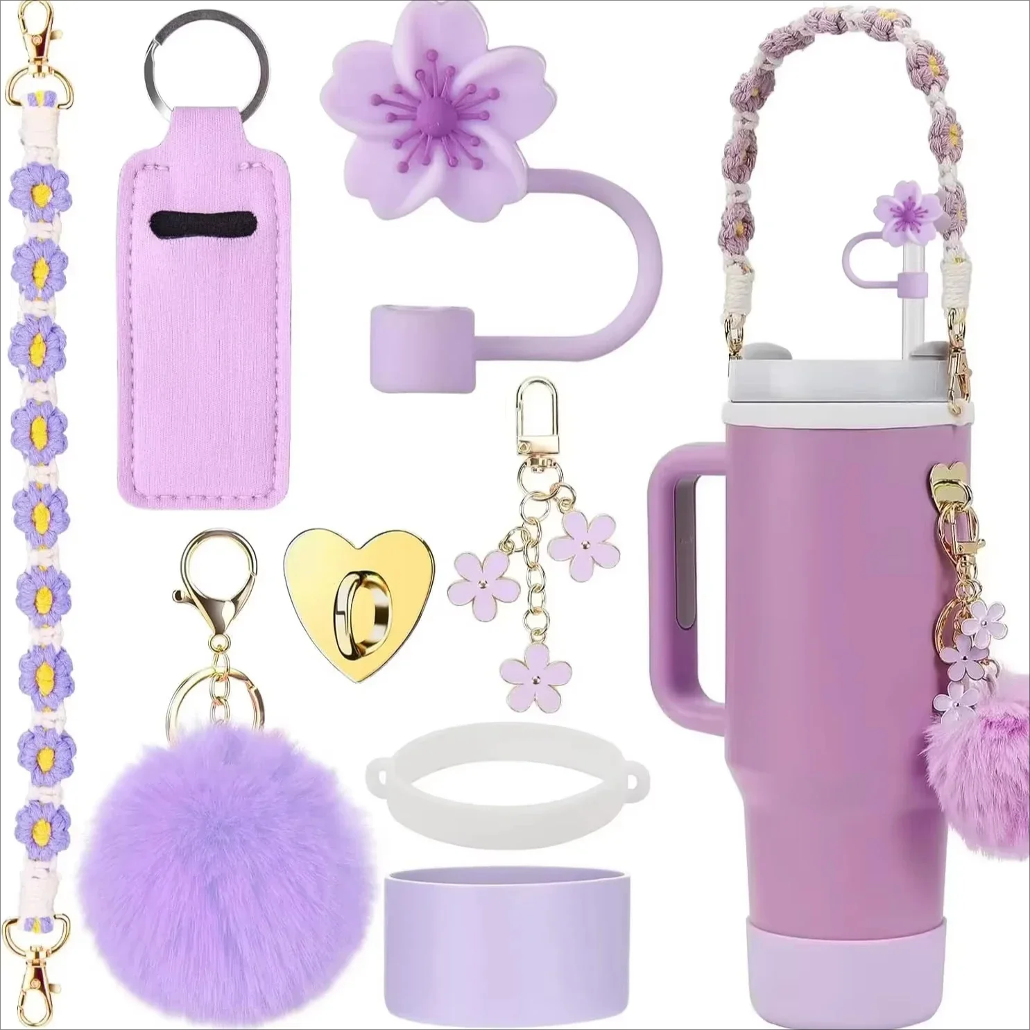 7/8-teiliges Tassenzubehör-Set für Stanley, inklusive Griffband, Silikonbecher, Stiefel, Strohhalm-Abdeckung, Charms für 40–30 oz Tumbler Image