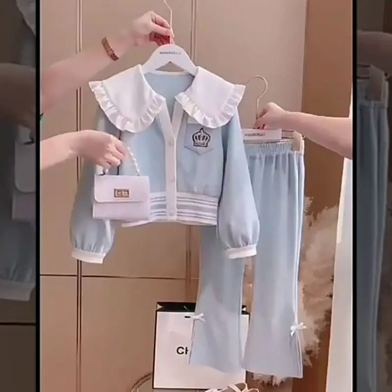 Frühling Infant Babys Mädchen 2PCS Kleidung Set Baumwolle Krone Gedruckt Peter Pan Kragen Mantel Anzüge Bogen Elastische Taille Flare hose Outfits Image