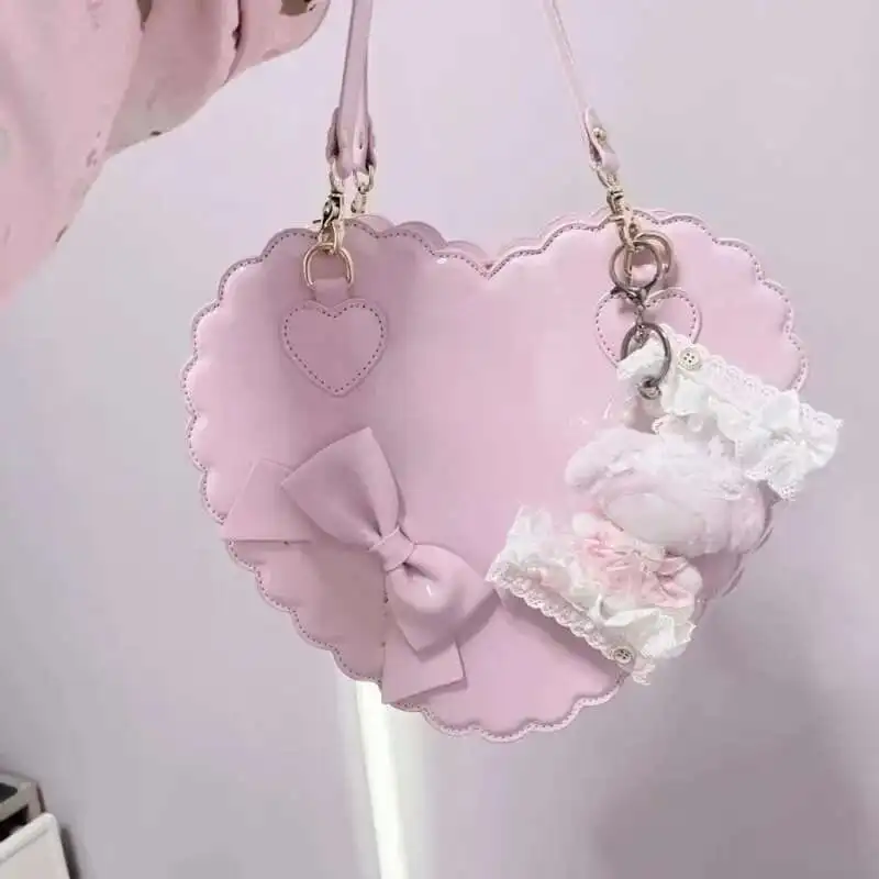 PU Herz Lolita Handtaschen Mädchen Bowknots Dekor Japanische Umhängetaschen Zwei Größen Kawaii Shell Geldbörsen Niedliche Rosa Umhängetasche Geschenke Image