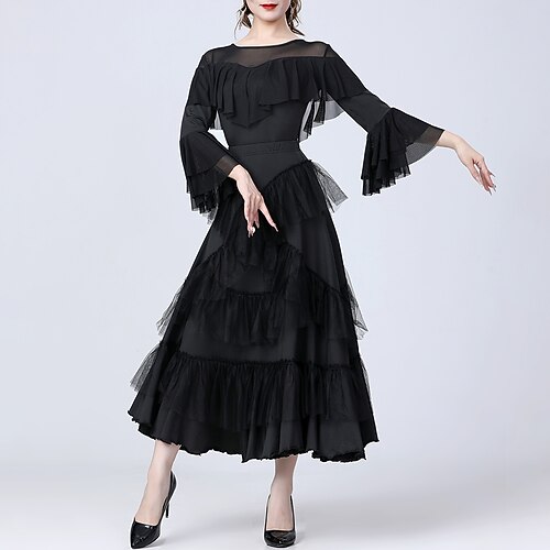 Lateinamerikanischer Tanz Röcke Unifarbe Spleißen Tüll Damen Leistung Training Langarm Hoch Polyester Image