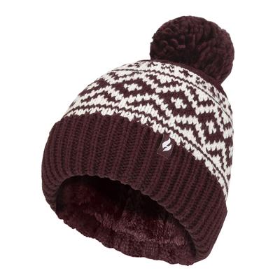 Gemusterte Damen-Turnover-Bommelmütze | Wärmehalter | Grober Zopfstrick mit Heatweaver-Fleece-Futter | Billingen Style - Wein Image
