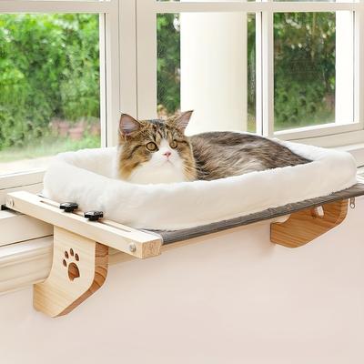 TEMU Adjustable Wooden Cat Hammock - Indoor Window Perch, Wall-mounted Cat Bed Seat, Fits Over Windowsill, Bed, Drawer, Cabinet, Natural Wood Construction Image