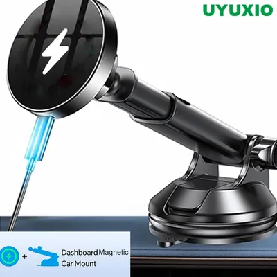 UYUXIO Magnetischer kabelloser Kfz-Ladegerät-Adapter, 15 W, Windschutzscheiben-Armaturenbrett, Autotelefonhalter für iPhone 16 15 14 Pro Max Plus 13 12