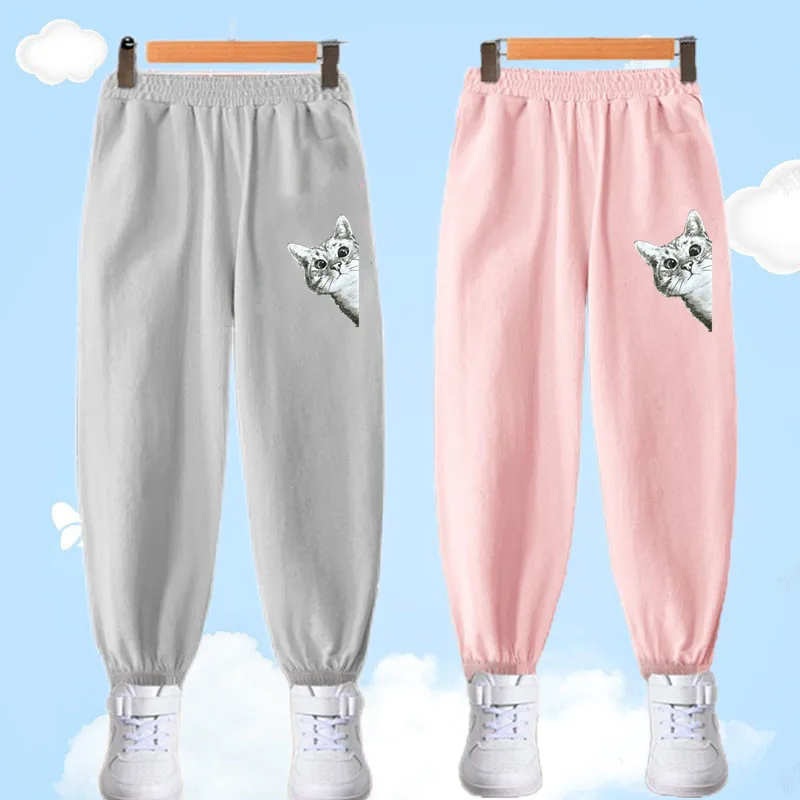 Kinder Baumwolle Laterne Hosen Nette Katze Druck Frühling Sommer Mädchen Harem Hosen Kinder Casual Atmungsaktive Strand Hose Mädchen Kleidung Image