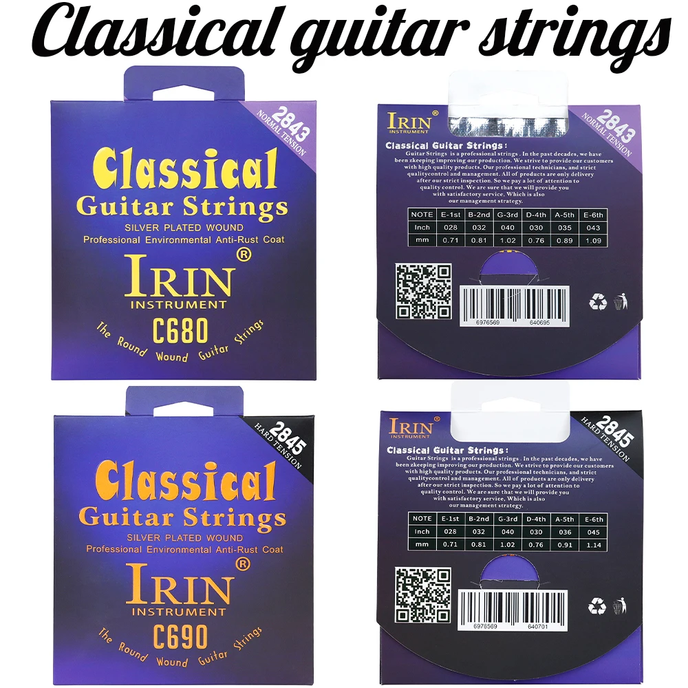 IRIN Saiten-Set für klassische Gitarre, Nylon + versilbert, gewundene Saiten für klassische Gitarre, 1–6-Saitengitarren-Zubehör Image