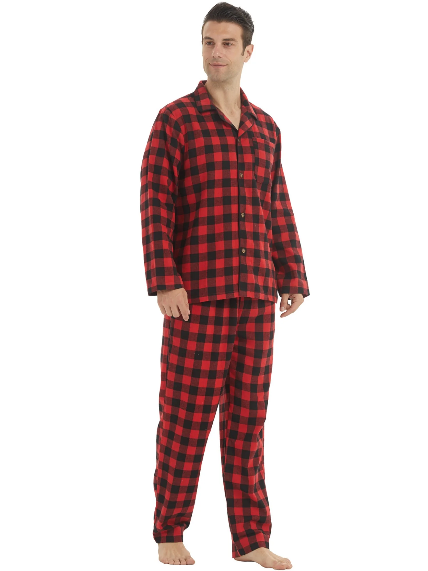 Herren-Pyjama-Set aus Flanell, kariert, Baumwolle, Button-Down-Nachtwäsche, warm, weich, Lounge-Pjs für bequeme Nachtwäsche Image