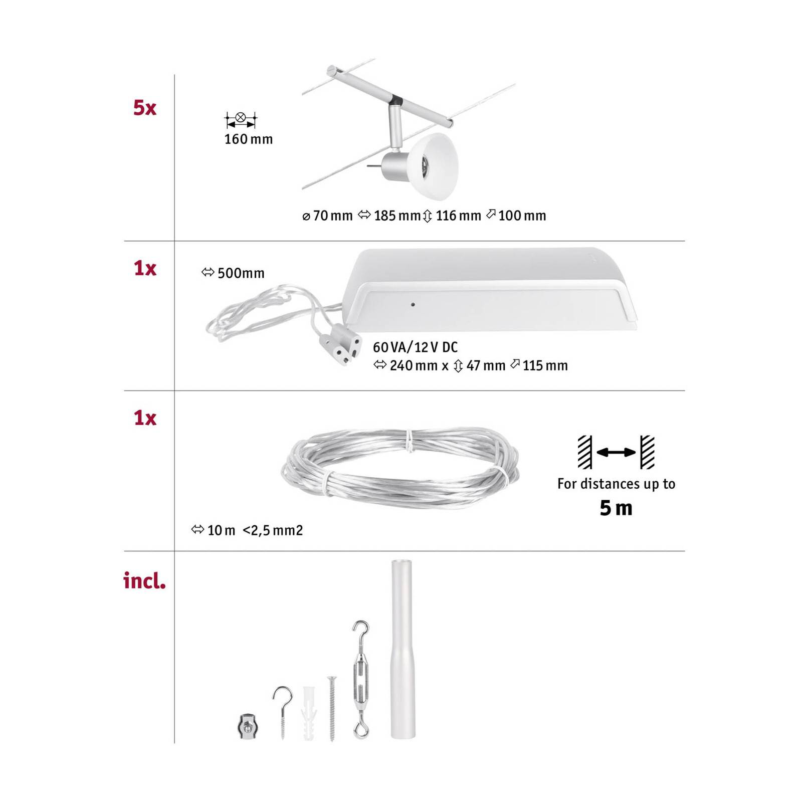 Paulmann Wire Sheela Seilsystem, 5-fl. 5 m chrom, alu / grau / zink, für Flurbereich, Kunststoff, Modern, Seilsystem Leuchte
