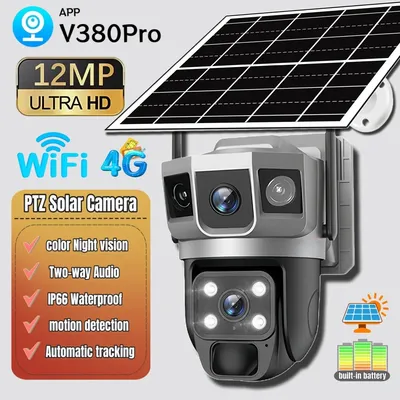 4G Solar Kamera WiFi Wireless Monitor Triple Screen 12MP HD Outdoor Sicherheit Monitor Menschen Erkennung PIR PTZ Kamera CCTV V380