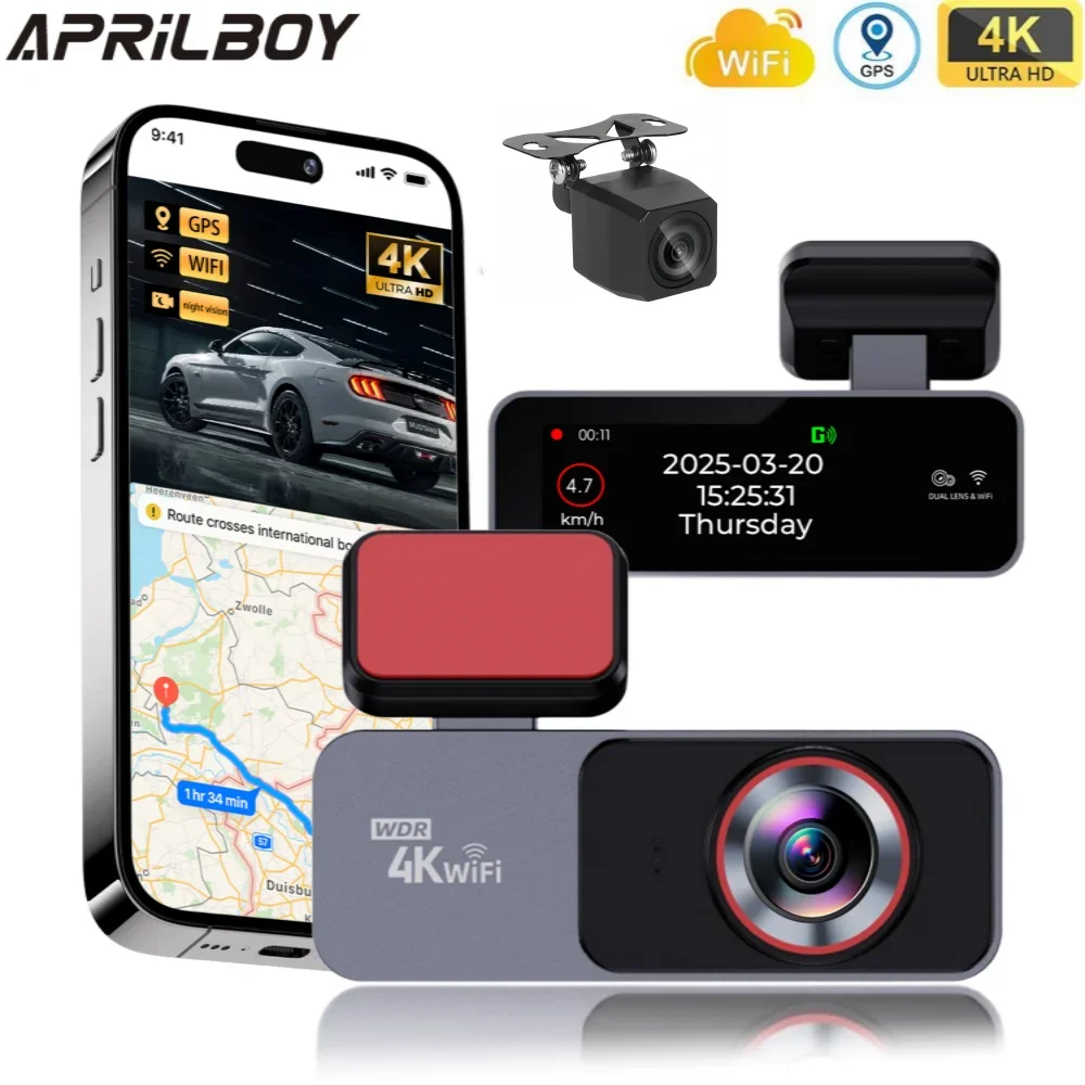 Aprilboy 4K Dash Cam Auto DVR Unterstützung WIFI GPS 4K Vorne Und 1080P Hinten Hinten Kamera Dual len Nachtsicht Video Recorder Black Box Image
