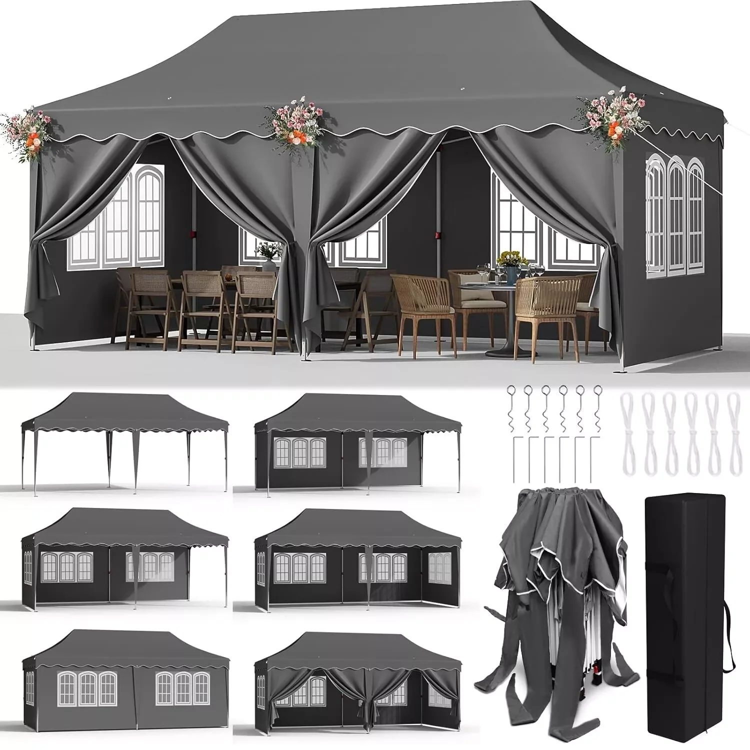 Robuster, zusammenklappbarer Pavillon, 3 x 6 m, Pavillon, Festzelt, Pop-up, wasserdicht, Gartenparty-Zelt, faltbar, mit allen 6-seitigen Wänden, stabil, UV 50+ Image