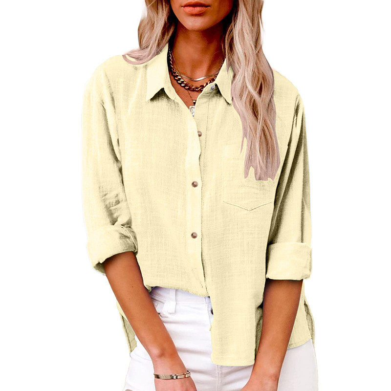 Women's Shirt Button Up Blouse Faux Cotton Linen Plain Basic Modern Long Sleeve Shirt Collar Regular Tops Holiday Going out Pocket Buttons Black White Pink Army Green Navy Blue Summer