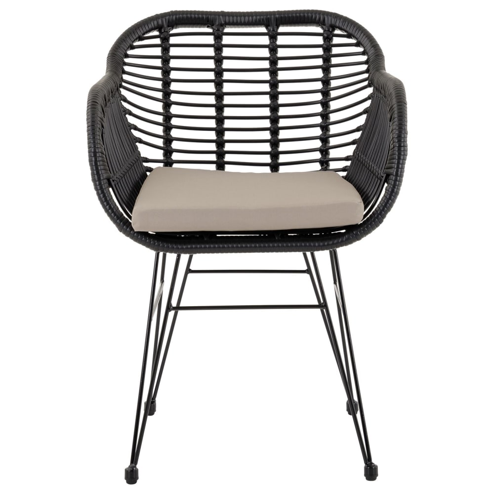 Chaises de jardin (x2) aspect rotin avec coussins, noir et beige