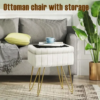 Vanity Stool Chair Faux Fur with Storage,4 Metal Legs with Anti-Slip Feet, Modern Multifunctional