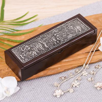 'Elephant-Themed Rubberwood and Embossed Aluminum Jewelry Box'