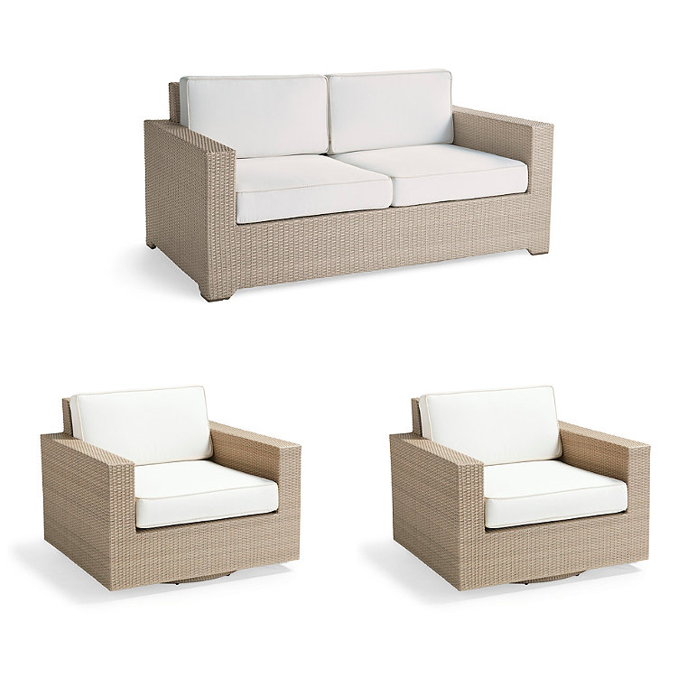 Palermo 3-pc. Loveseat Set with Two Swivel Lounge Chairs in Dove Wicker - Standard, Dove with Canvas Piping - Frontgate