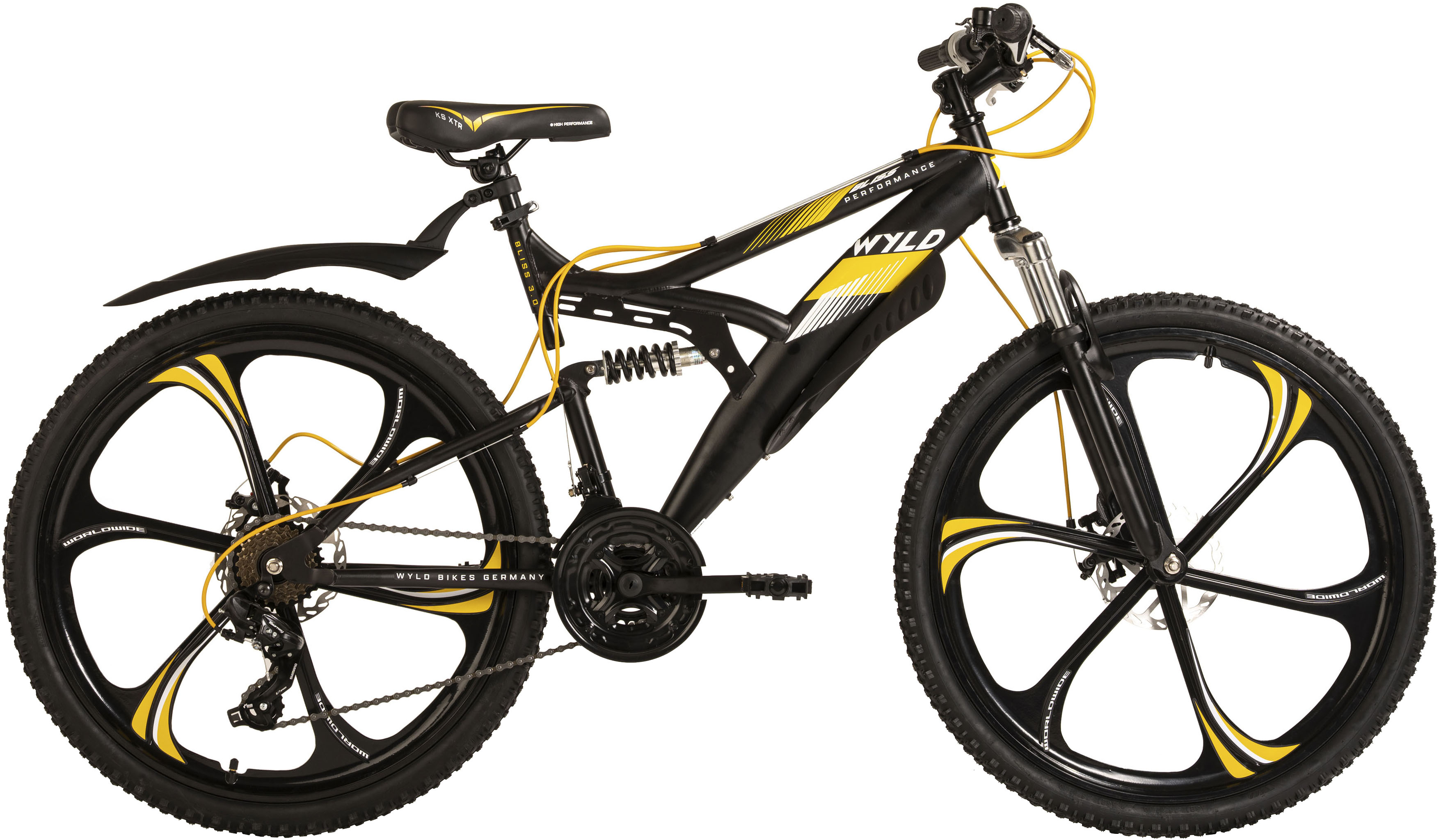 Mountainbike WYLD "Mountainbike Fully 26'' Bliss schwarz-gelb 21 Gänge" Gr. 47, schwarz (schwarz, schwarz), Fahrräder, 47cm, 26 Zoll (66,04cm) hinten: 26 Zoll (66,04cm) Image
