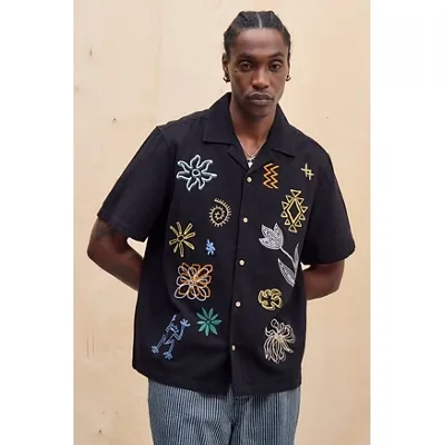 UO Black Ray Embroidered Slub Shirt - Black S at Urban Outfitters