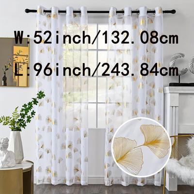 TEMU 2 Panels Golden/silvery Foil Print Sheer Curtains, Leaves Grommet Top Window Drapes, Luxury Metallic Bronzing Treatment Panels For Home Window Decoration Image