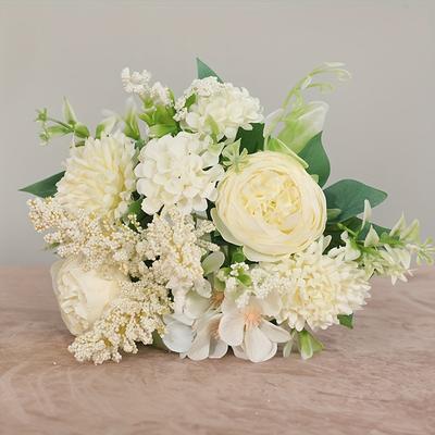 TEMU 1pc Elegant Silk Artificial Wedding Bouquet - Handcrafted White Fake Flowers For Bride, Home Decor, Engagement & Valentine's Day Gifts, No Container Included, Bouquet Accessories Image