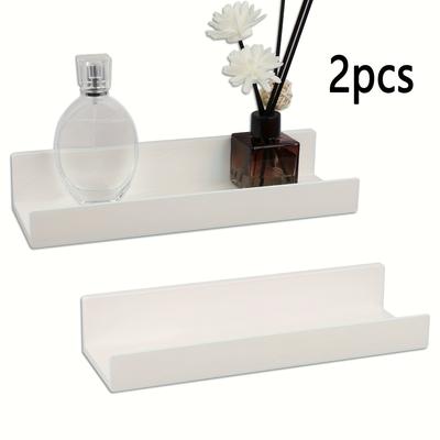 TEMU 1/2/3pcs - 10.6 Inch Floating Plastic Wall Shelf Set, Compact Bathroom Storage Rack With Adhesive Strips And Lip, Small Picture Display Stand For Bedroom, Bathroom, Living Room & Kitchen - White Image