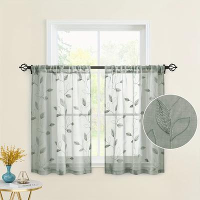 TEMU 2pcs Sheer Curtains With Embroidery Leaf Pattern, Rod Pocket Linen Floral Semi Curtains Window Curtains Kitchen Curtains, Drapes For Bedroom Living Room Image