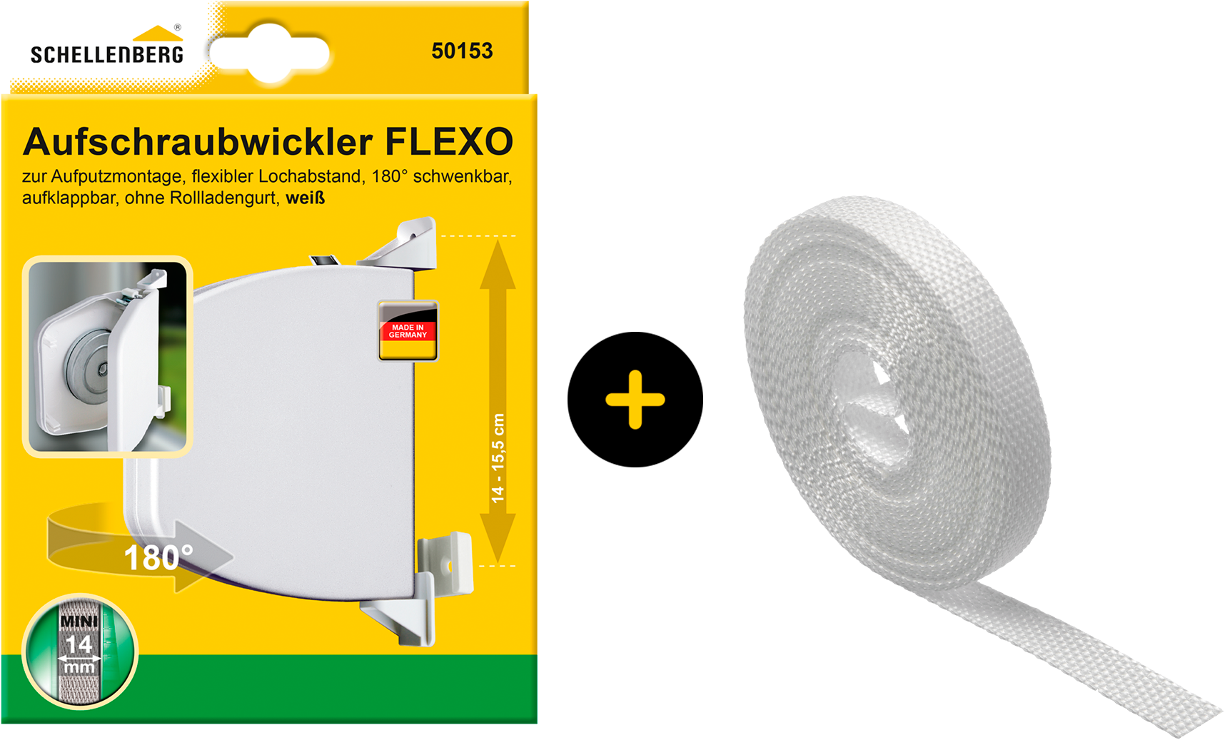 Aufputz-Gurtwickler SCHELLENBERG "Flexo für das Rollladensystem Mini, inkl. Rollladengurt in weiß", weiß, 1 Stk., Gurtwickler, Aufschraubwickler aufklappbar, höhenverstellbar, 180 schwenkbar weiß