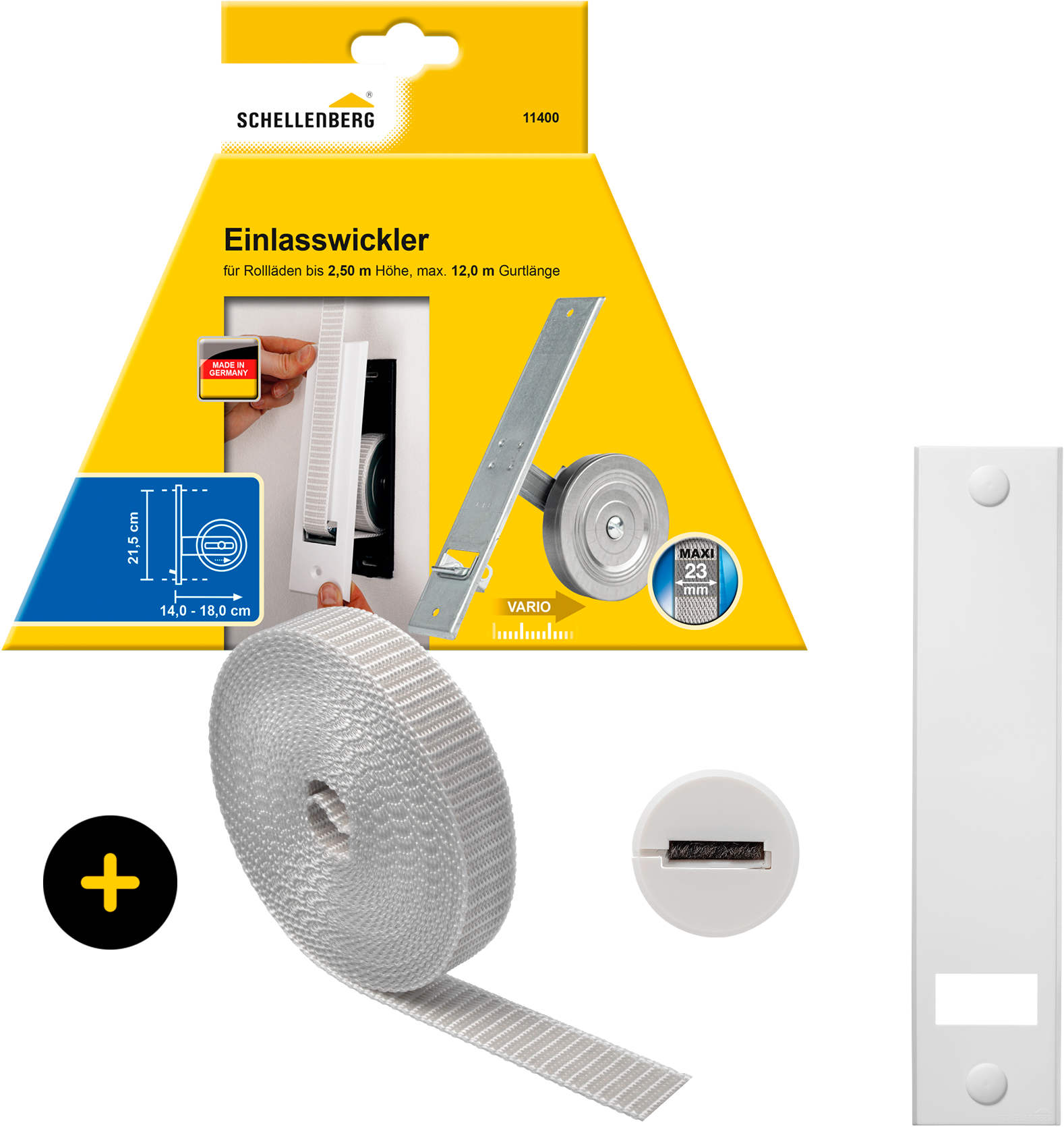 Einlass-Gurtwickler SCHELLENBERG "inkl. Abdeckplatte, Gurtführung, Rollladengurt grau oder weiß", grau, 1 Stk., Gurtwickler, Unterputz Gurtwickler 21,5 cm Lochabstand für das Rollladensystem Maxi