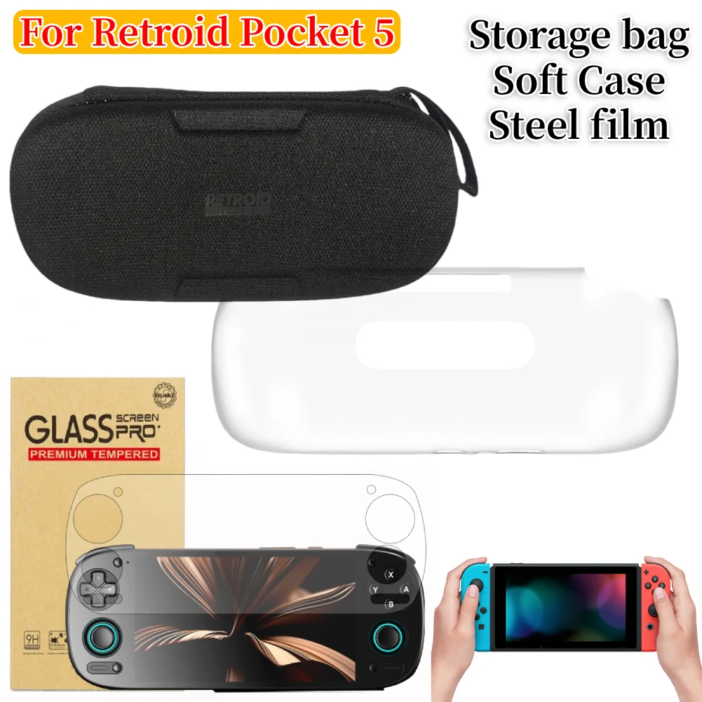 Zubehör für die Retroid Pocket 5-Spielekonsole, TPU-Schutzhülle, Tragetasche, gehärtetes Glas, Displayschutzfolien Image