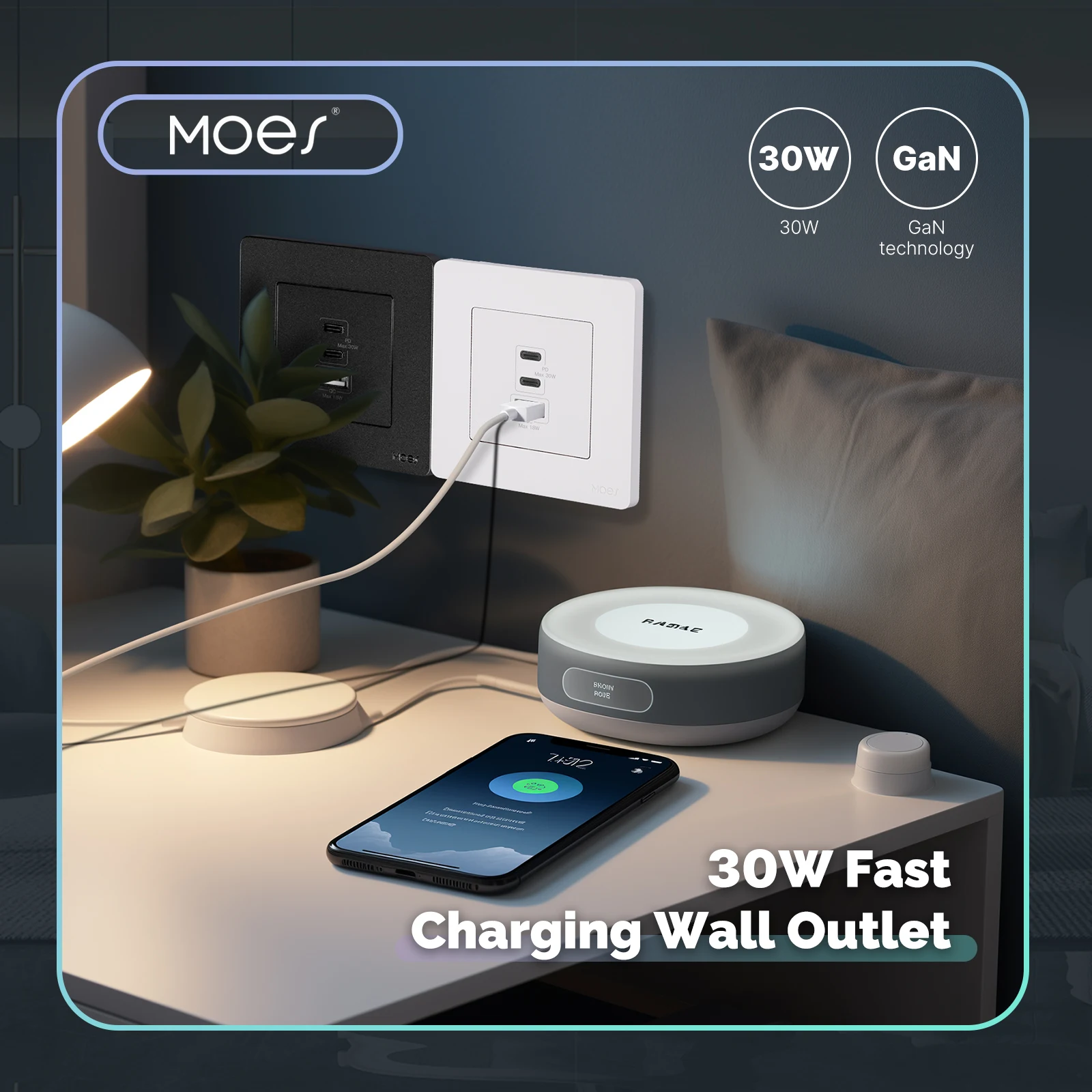 MOES Star Ring Serie 30 W Schnellladung PD3.0 Wandsteckdose Ladegerät GaN-Buchse 3 Anschlüsse Typ C USB A Überstemp-Schutz Image