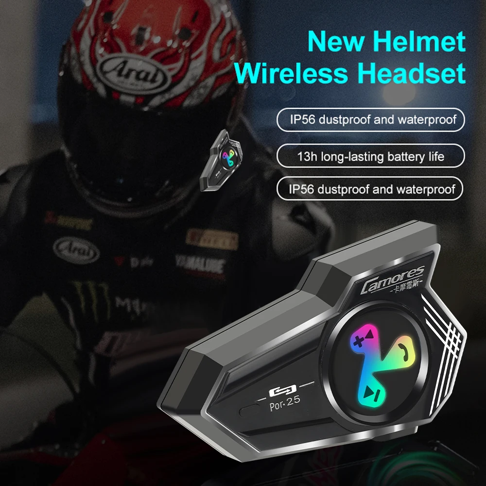 Motorradhelm, Bluetooth-Kopfhörer, Helm-Headset, Rauschunterdrückung, wasserdichter Kopfhörer für halb/weiche Helm mit RGB-Lichtern Image