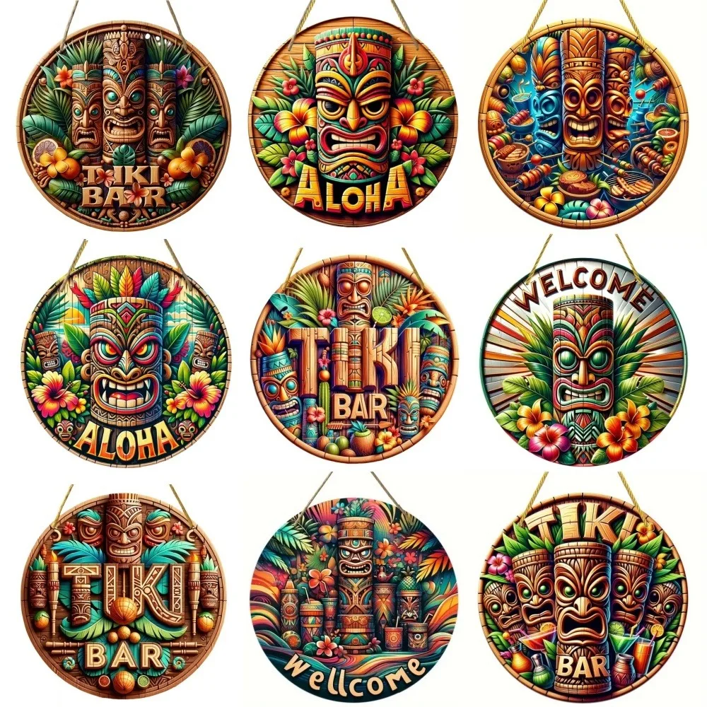 Hawaiianisches Tiki-Masken-Bar-Schild, runde Kunstdekoration aus Holz für Zuhause, Garage, Café, Restaurant, Bar, Grillen, Strand, Resort-Dekoration Image
