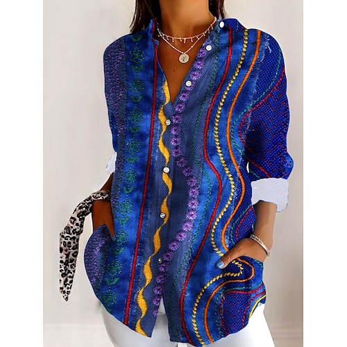 Damenhemd Leinenähnlich Atmungsaktiv Leicht Button-Down Tunika Hemd Kragen Lange Ärmeln Grafik Geometrisch Lässig Reguläre Tops Arbeit Alltag Druck Blau Lila Fuchsia Grün Frühling Herbst Winter Image