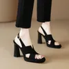 Heels-Schuhe für Damen, Sandalen, Größen 40, quadratische Zehen, dicker Absatz, Pumps draußen, elegante Schuhe mit Riemen hinten, schwarze Lederschuhe