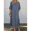 Damen Maxi Kleid A-Linie Kleid Sommer Kleid Leinen Lässig Täglich Reguläre Passform Grafik Schlicht 3/4 Länge Ärmel Rundhals Schwarz Weiß Rot Blau Sommer