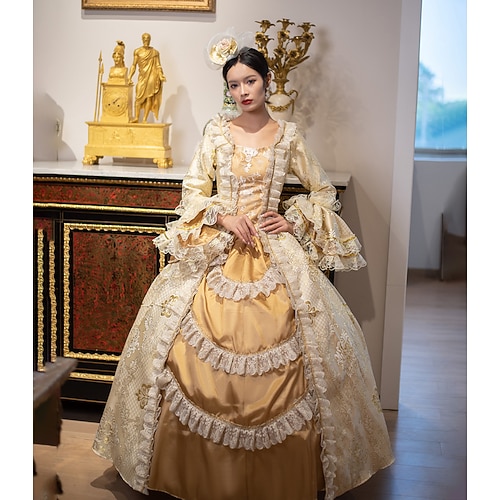 Vintage Rokoko Renaissance Maxi Kleid Normal Ein Hauch Prinzessin Braut Plissiert Gerüscht Prinzessin Rundhals Kostüm Damen Halloween Karneval Maskerade Leistung Party Halloween Erwachsene Ganzjahres Image