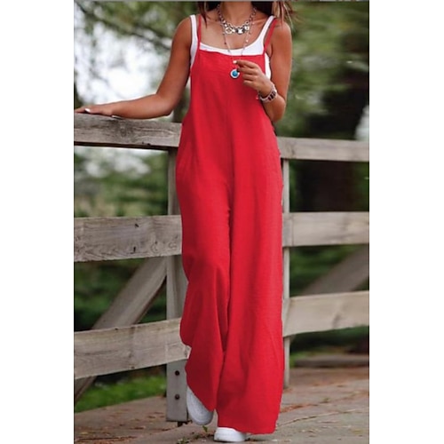 Damen-Jumpsuit, lässig, einfarbig, ärmellos, U-Ausschnitt, Tasche, Streetwear, Baumwoll-Leinen-Imitat, normale Passform, Schwarz, Olivgrün, Altrosa, Sommer Image