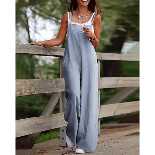 Damen-Jumpsuit, lässig, einfarbig, ärmellos, U-Ausschnitt, Tasche, Streetwear, Baumwoll-Leinen-Imitat, normale Passform, Schwarz, Olivgrün, Altrosa, Sommer Image
