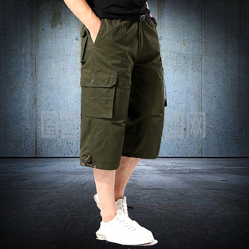 Herren Cargo-Shorts Shorts Sommershorts Kordelzug Elastischer Bund Mehrere Taschen Einfach Komfort tragbar Wadenlang Outdoor Sport Täglich Mode Lässig Schwarz Khaki Image