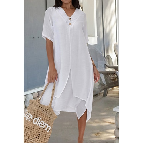 Damen Midikleid Baumwoll Mischung Baumwoll-Leinen-Kleider Shiftkleid Mode Basic Modern Täglich Ferien Wochenende Normale Passform Einfach Kurzarm V Ausschnitt Schwarz Weiß Dunkelblau Sommer Image
