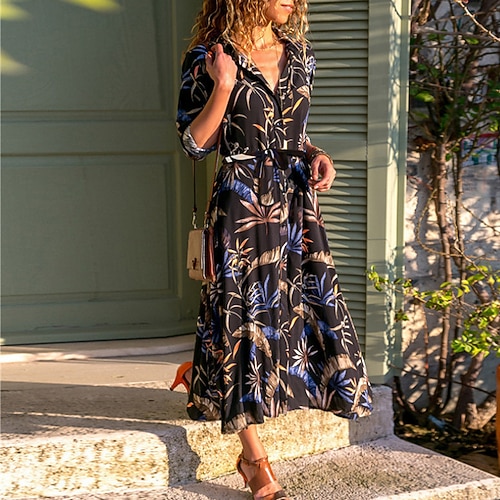 Damen Midikleid Hemdblusenkleid Boho-Kleid Mode Modern Urlaub Ferien Ausgehen Normale Passform Blume Langarm Hemdkragen Schwarz Marineblau Grün Sommer Image