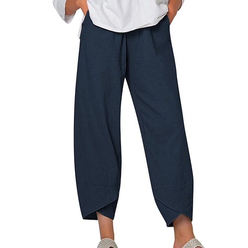Damen Kunstbaumwollleinen Stoffhosen Sommerhose Streetwear Lässig Knöchellang Natürliche Taille Einfach Tasche Außenbereich Bequem Straße Ausgehen Marinenblau Schwarz Weiß Leicht Grün Sommer Normale Image