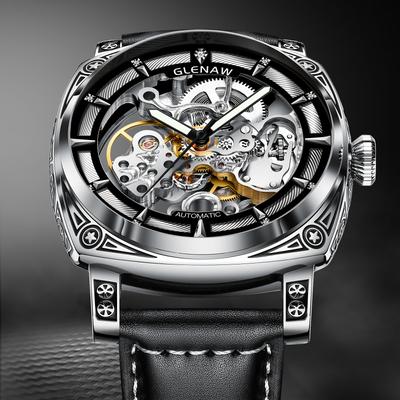 TEMU Glenaw Men' Mechanical Watch - Elegant Rhinestone Dial, Waterproof Up To 30m, & Black Leather Strap, Skeleton Back With Intricate Movement, Date Display - Ideal Gift For Him Image