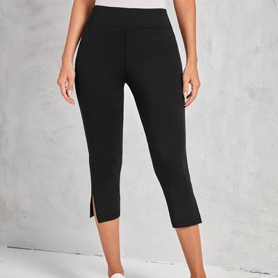 TEMU Women's High-elasticity Split Capri Pants With Side Slit Detail - Soft Comfortable Fitness Pants, Machine Washable Solid Color For Spring Summer Fall, Capri Leggings Image