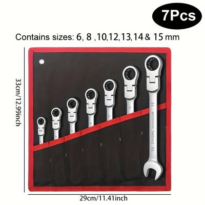 TEMU Black And Red 7pcs Set Red And Black Bag Manufacturer Movable Head Ratchet Wrench Mirror Chrome-plated Open-end Ratcheting Complete Set Image