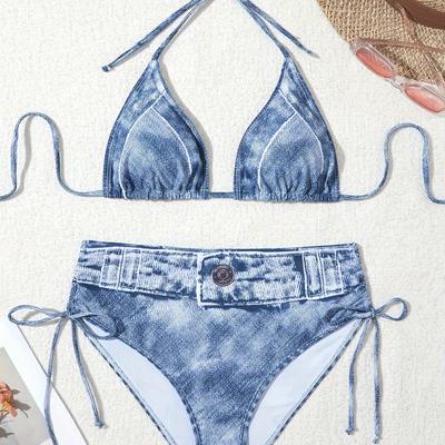 TEMU Denim Fabric Women's Bikini Drawstring Denim Stretchy Fashion Set Image