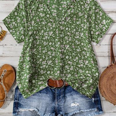 TEMU Women's V-neck Short Sleeve Blouse - Green Floral Print On Red, Relaxed Fit Casual Shirt, Machine Washable Top For Casual Attire, Lightweight Fabric Image