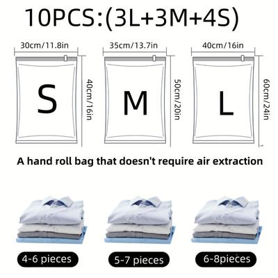 TEMU 10pcs (large, Medium, Small) Bags Without Pump - Space Saver Bags - No Vacuum Or Pump Needed For Travel - Hand Roll Vacuum Bags Without Pump Hand Roll Travel Bags For Classification Storage Image