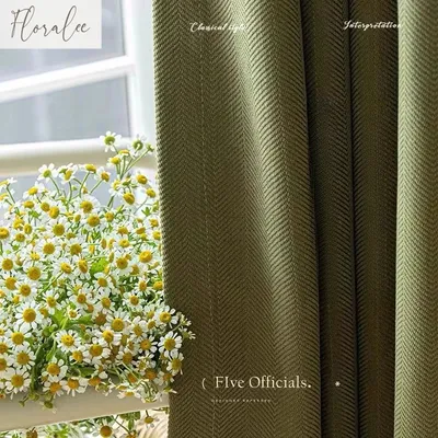 French Olive Green Chenille Blackout Curtains for Living Room Bedroom Herringbone Pattern Modern Luxury Custom Size Window Drape