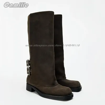 Brown Suede Belt Buckle Strap Trouser Boots Size 35-40 All-Match Casual Knee High Boots Cow Split Leather Grace Lady Boots
