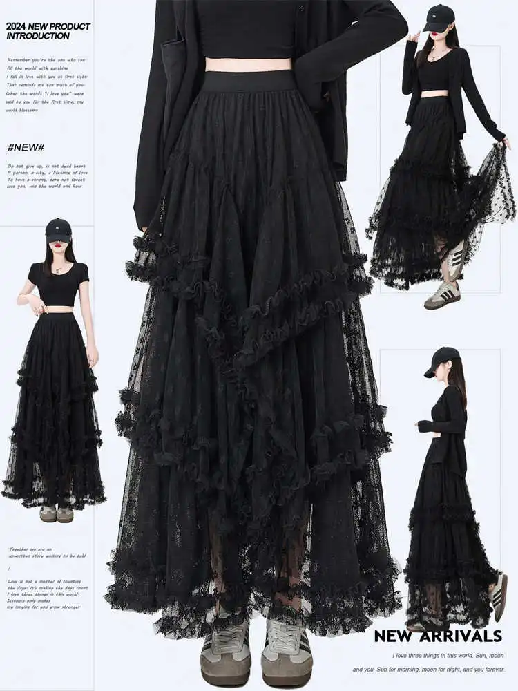 Vintage Gothic Schwarze Röcke Frauen Fairycore Grunge Spitze Patchwork Trompete Rock Punk Streetwear Party Emo Alt Röcke Image